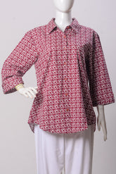 Women's Shirt - Maroon White Print (100% Cotton) - LS878 | 925 Attire Ltd